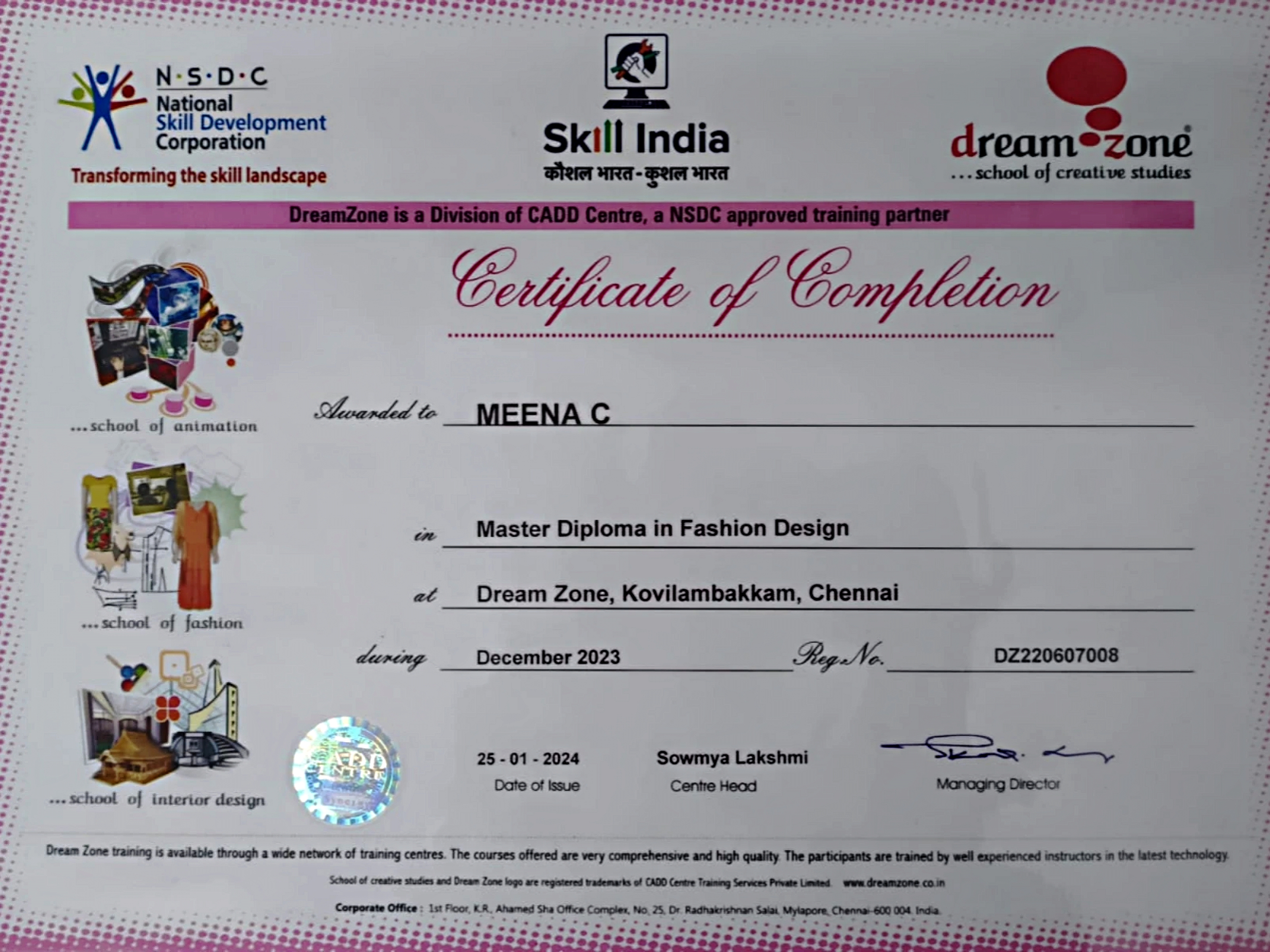 Fashion design diploma certificate
