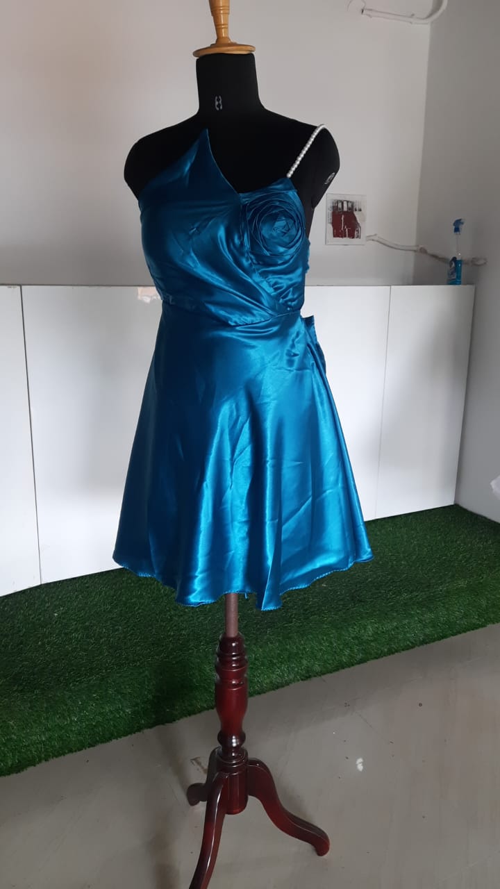 Teal blue satin cocktail dress with pearl strap